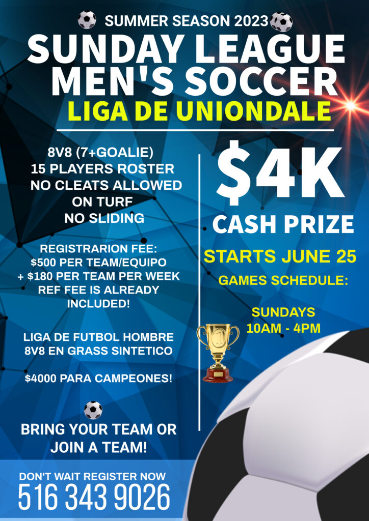 SUNDAY LEAGUE MEN’S SOCCER SUMMER SEASON 2023 UNIONDALE